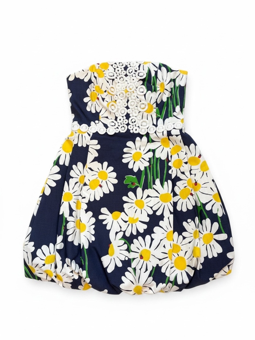Lilly Pulitzer Strapless Dress Womens 0‎ Navy Blue Daisy Floral Bubble Hem - Picture 2 of 8